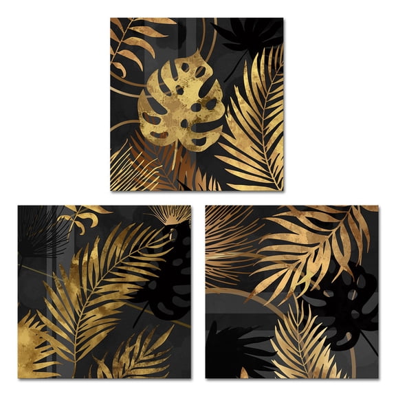 Luxury Black and Gold Tropical Plant Canvas Art 3 Pcs Framed Wall Decor Pictures Leaf Painting for Living Room Bathroom Office Decoration 12"x12"