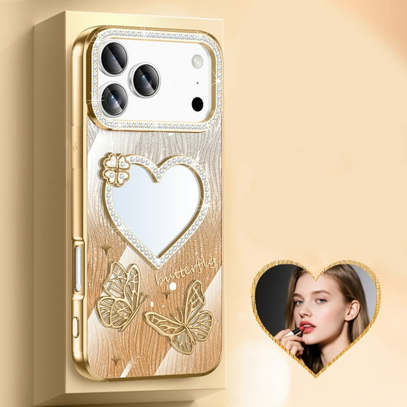 Luxury Bling Case For iPhone 13, Shiny Rhinestone Diamond Heart Mirror Butterfly Design, Slim Protective Shockproof Glitter Bumper Phone Cover for Women and Girls Sparkling, Gold