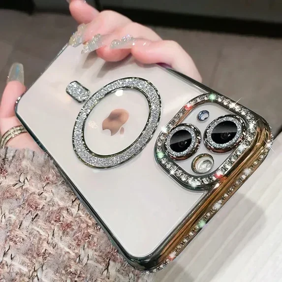 Luxury Bling Crystal Lens Film Case For iPhone 15 16 11 12 13 14 Pro Max 16 Plus Magsafe Magnetic Wireless Charging Clear Cover Gold For iPhone 14 ProMax