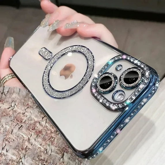 Luxury Bling Crystal Lens Film Magsafe Phone Case For iPhone 16 15 12 13 14 Pro Max Plus Magnetic Wireless Charging Clear Cover Blue For iPhone 15 Pro
