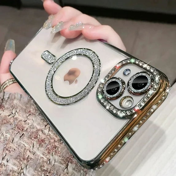 Luxury Bling Crystal Lens Film Magsafe Phone Case For iPhone 16 15 12 13 14 Pro Max Plus Magnetic Wireless Charging Clear Cover Gold For iPhone 16Plus