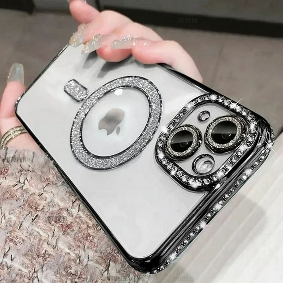 Luxury Bling Crystal Lens Film Magsafe Phone Case For iPhone 16 15 12 13 14 Pro Max Plus Magnetic Wireless Charging Clear Cover black For iPhone 15 ProMax