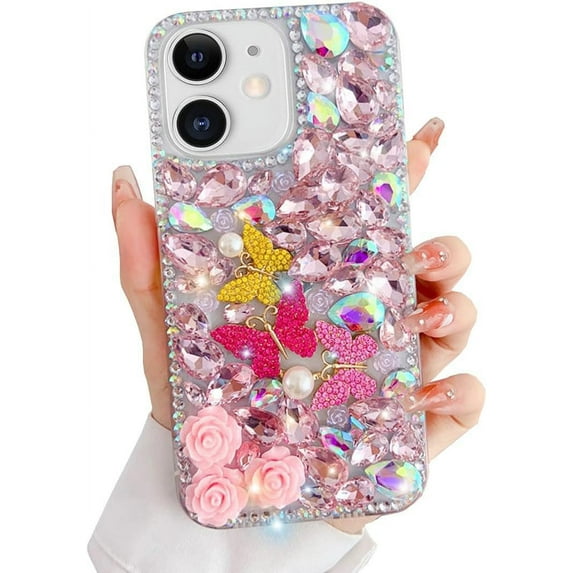 Luxury Bling Diamond Rhinestone Gemstone 3D Butterfly and Rose Flower Gemstone Soft TPU Back Cover Case for Women Girls with iPhone 12 /iPhone12 Pro 6.1"