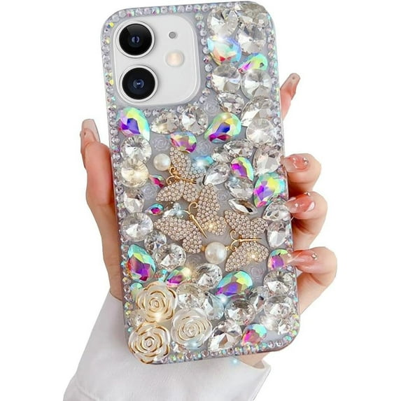 Luxury Bling Diamond Rhinestone Gemstone 3D Butterfly and Rose Flower Gemstone Soft TPU Back Cover Case for Women Girls with iPhone 12 /iPhone12 Pro 6.1"