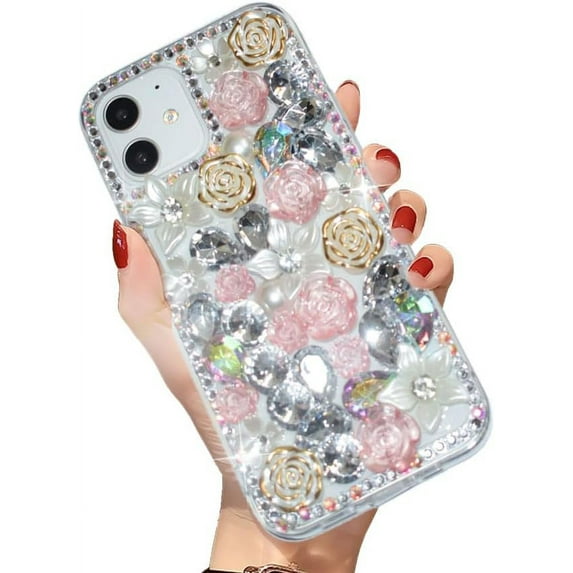 Luxury Bling Diamond Rhinestone Gemstone 3D Rose Flower Gemstone Soft TPU Back Cover Case for Women Girls with iPhone 12 / iPhone12 Pro 6.1"
