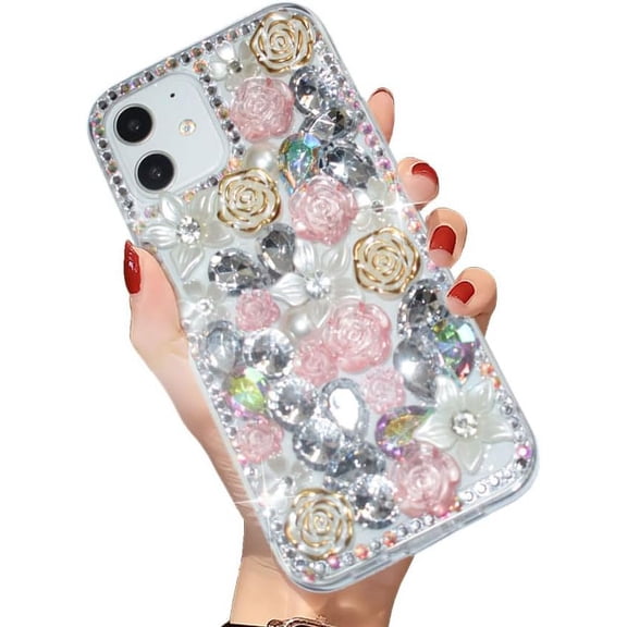 Luxury Bling Diamond Rhinestone Gemstone 3D Rose Flower Gemstone Soft TPU Back Cover Case for Women Girls with iPhone 12 / iPhone12 Pro 6.1"