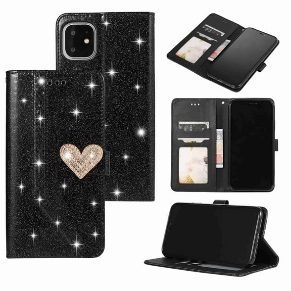 Luxury Bling Flip Filio Kickstand PU Leather Diamond Wallet Card Slots, For iPhone 11 Pro (5.8 inch), black