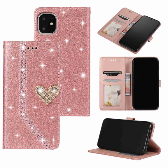 Luxury Bling Flip Filio Kickstand PU Leather Diamond Wallet Card Slots, For iPhone 11 Pro (5.8 inch), pink