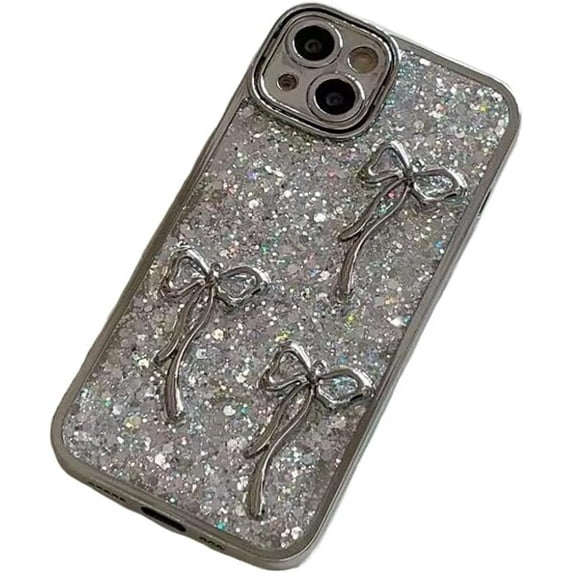Luxury Bling Glitter 3D Bows Hard Phone Case Compatible with iPhone Case (Silver,iPhone 13)