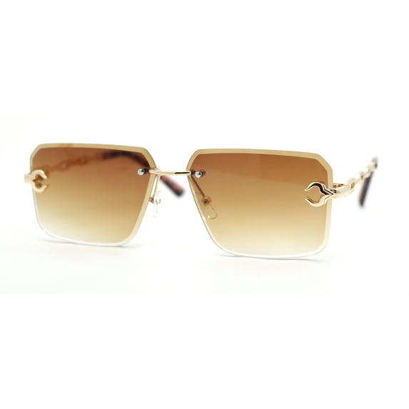 Luxury Bling Rimless Chain Jewel Arm Rectangle Hustler Gangster Sunglasses Gold - Brown