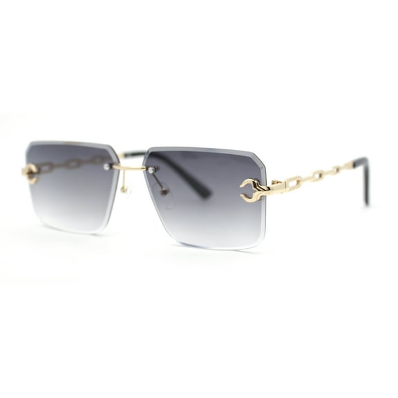 Luxury Bling Rimless Chain Jewel Arm Rectangle Hustler Gangster Sunglasses Gold - Smoke