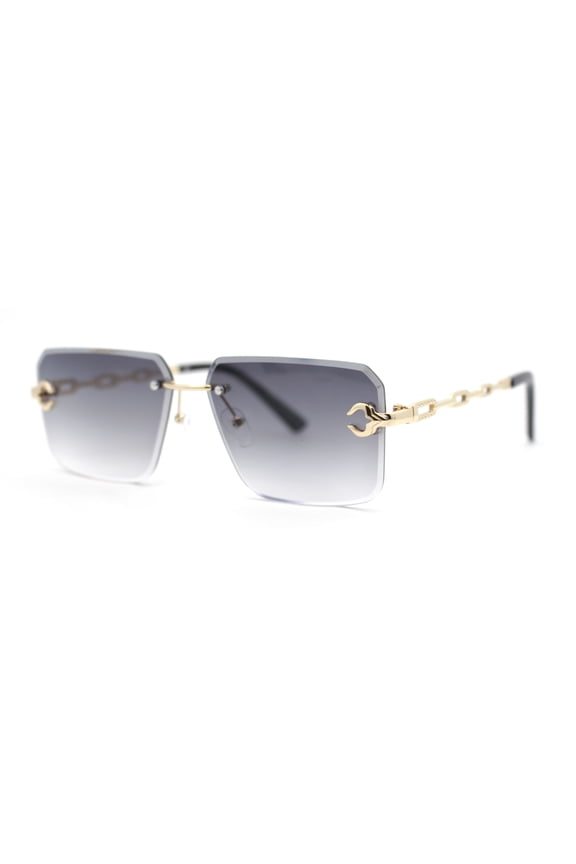 Luxury Bling Rimless Chain Jewel Arm Rectangle Hustler Gangster Sunglasses Gold - Smoke
