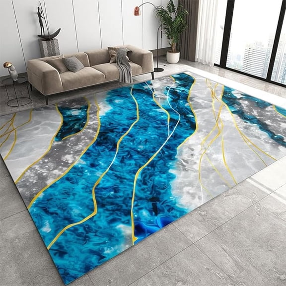 Luxury Blue Agate Marble Area Rug, Modern White Gold Fluid Texture Indoor Rugs, With Anti-Slip Easy Clean Carpet For Living Room Bedroom Kitchen Dining Room Home Office 5x8ft