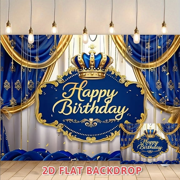 Luxury Blue and Gold Crown Happy Birthday Backdrop, Perfect for Adult Birthday Parties, Banquets, Photography Sessions and Celebration Scene Decoration, 2D Flat Photo Booth Prop