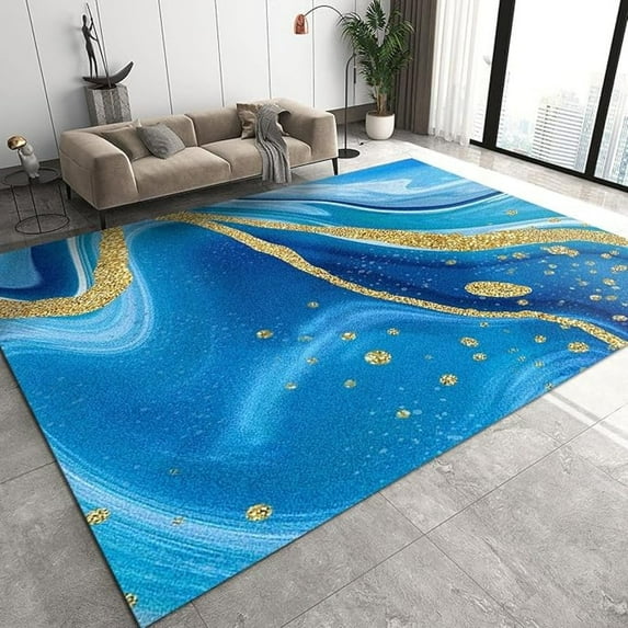 Luxury Blue Gold Quicksand Area Rug, Creative Abstract Texture Indoor Non-Slip Kids Rugs, Machine Washable Breathable Durable Carpet For Front Entrance Floor Decor 5x7ft