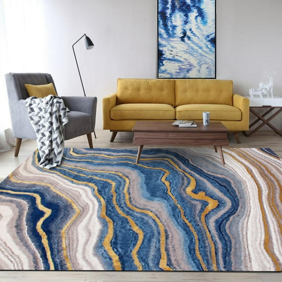 Luxury Blue Golden Curve Area Rug, Modern Home Abstract Rugs For Living Room Bedroom Floor Mat Carpet 4' x 5'