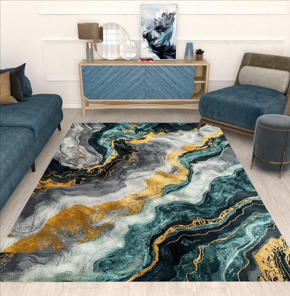 Luxury Blue Grey Gold Modern Abstract Marble Textured Rug For Living ...