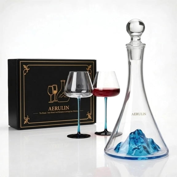 Luxury Blue Mountain Wine Decanter Set with 2 Stem Glasses - Perfect Gift!