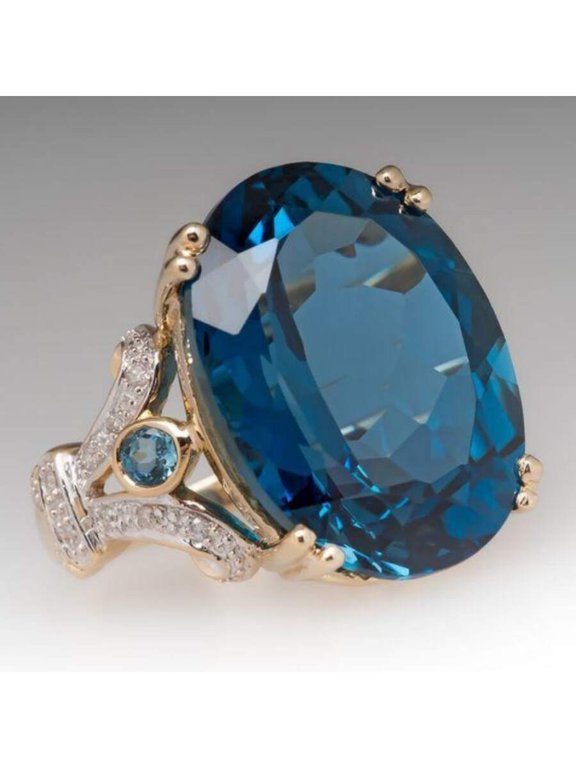 Luxury Blue Oval Gemstone Statement Ring With Cubic Zirconia Accents Goldtone Setting