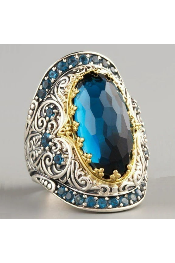 Luxury Bohemia Blue Glass Rings for Women Vintage Antique Pattern Gold Silver Color Crystal Wedding Ring Boho Gothic Jewelry