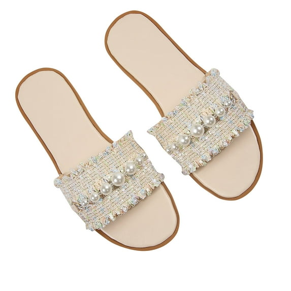 Luxury Boho Flat Sandals for Women Pearl Decor Open Toe Trendy Slide Sandal Going Out Resort Beach Slippers Summer