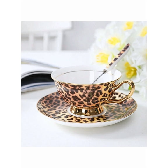 Luxury Bone China Leopard Print Tea Cup and Saucer Set with Golden Handle & Spoon