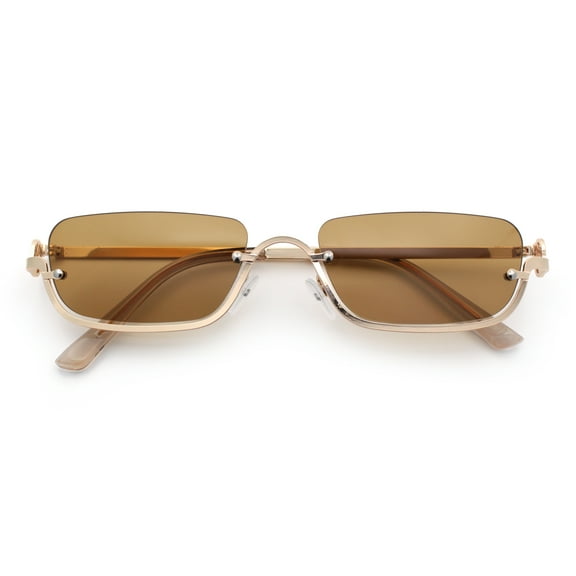 Luxury Bottom Half Rim Metal Frame Rectangle Fashion Sunglasses Gold - Light Brown