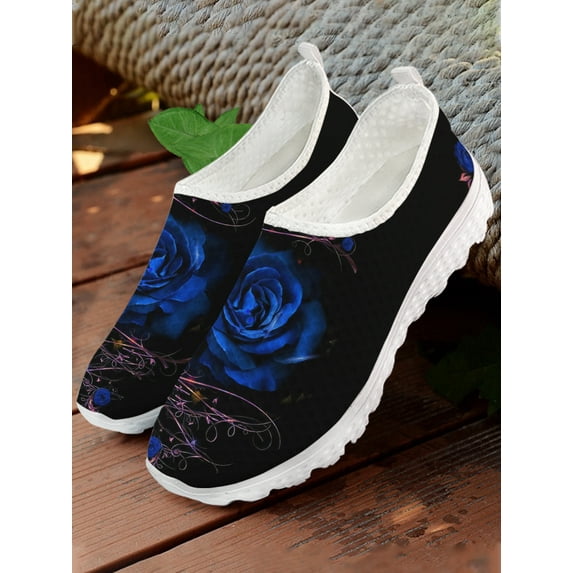 Luxury Brand Art Rose Flower Printed Mesh Sneakers Summer Soft Slip-on Flat Shoes Breathable Beach Loafers Hot