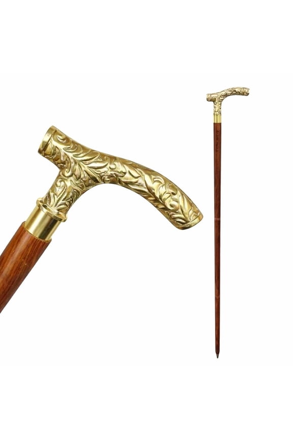 Luxury Brass Handle Walking Cane, Wooden Gentleman Cane, Decorative Victorian Style Walking Stick, Gift for Men, Elegant Mobility Cane
