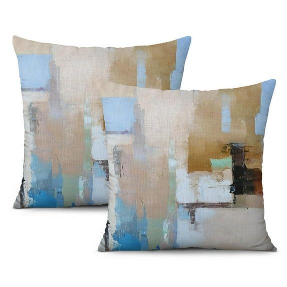 Luxury Brown Blue Abstract Oil Painting Throw Pillow Covers, 16x16 inches, Set of 2 for Modern Home Art Decor, Ideal for Bedroom, Living Room, Couch, Sofa
