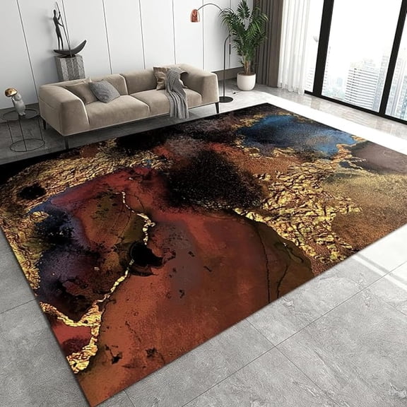 Luxury Brown Marble Area Rug, Light Luxury Golden Texture Non Slip Living Room Rugs, Easy Care Durable Carpet For Indoor Bedroom Office Decor Mat 5x8ft