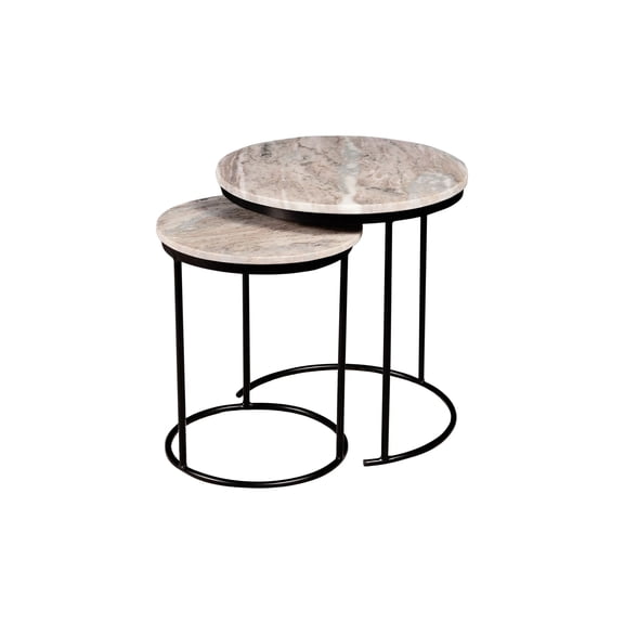 Luxury Brown Marble Nesting Coffee Table Set of 2 with Grey Metal Frame - Round Accent Side End Tables for Living Room, Small Apartment Decor, 16" & 14" India