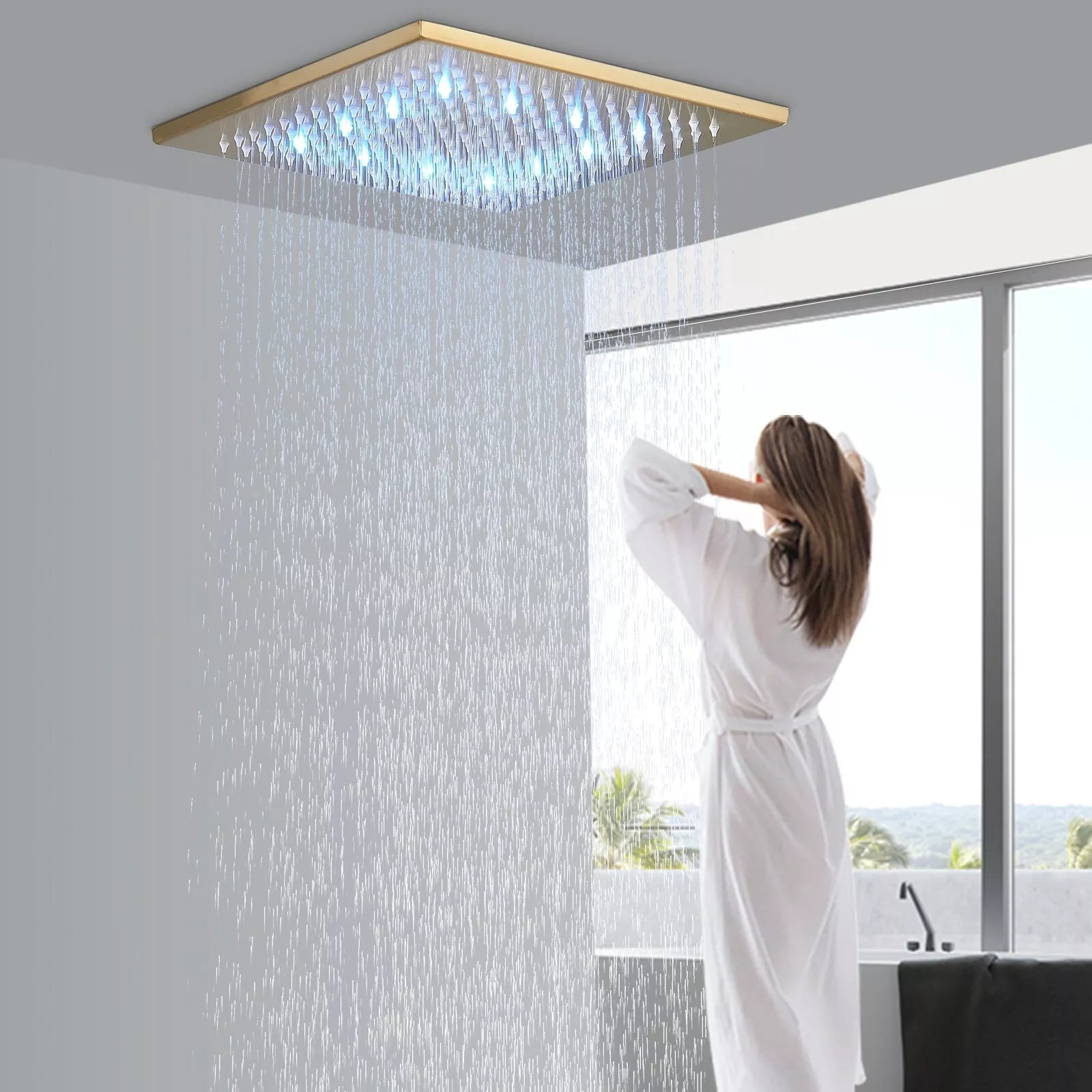 Luxury Brushed Gold LED Rain Shower Head 16in Square Rainfall Top Spray ...