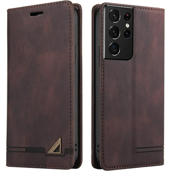 Luxury Business Comfortable PU+TPU Phone case with Card Holder for Samsung Galaxy S23 S22 S21 S20 Ultra Plus FE Bracket Function Anti-Shock Protective Cover(Brown,S21 FE)