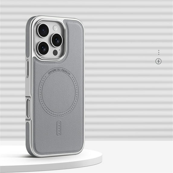 Luxury Business Plating Frame Leather Magnetic Back Case for iPhone 16 15 Pro Max for magsafe Wireless Charge Shockproof Cover (Gray,For iPhone 16)