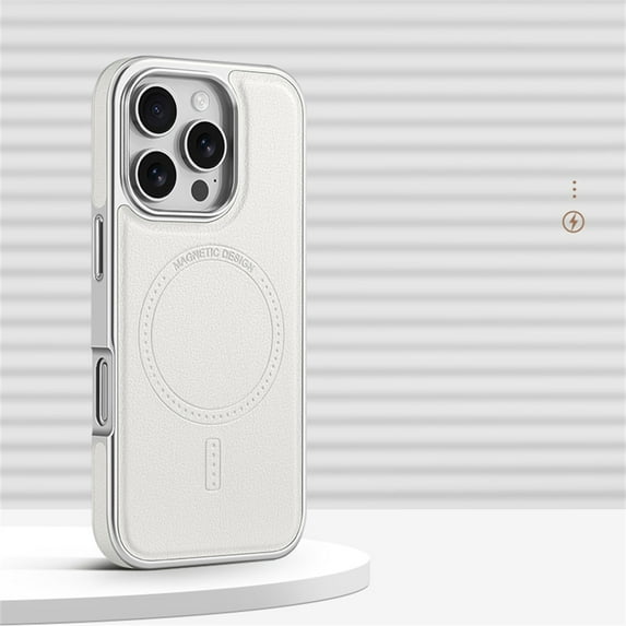 Luxury Business Plating Frame Leather Magnetic Back Case for iPhone 16 15 Pro Max for magsafe Wireless Charge Shockproof Cover (White,For iPhone 15 Pro)
