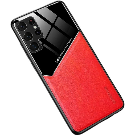 Luxury Business Slim Phone Case PU+TPU Car Magnetic Shockproof Back Cover Tempered Glass Lens Protection for Samsung Galaxy A73 A72 A71 A70S A54 A53 A52 A51 A50 A41 A32 5G 4G(Red,Samsung A73 5G)