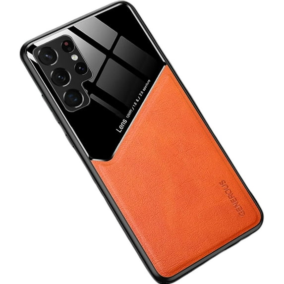Luxury Business Slim Phone Case PU+TPU Car Magnetic Shockproof Back Cover Tempered Glass Lens Protection for Samsung Galaxy A81 F62 F23 M14 M51 M22 M31S M23 M21(Orange,Samsung A81)