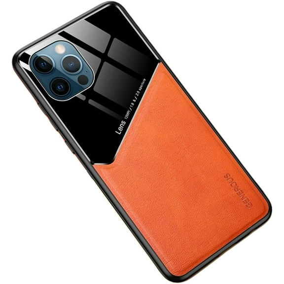 Luxury Business Slim Phone Case PU+TPU Car Magnetic Shockproof Back Cover Tempered Glass Lens Protection for iPhone 11 14 Pro Max 13 12 Mini 6s 8 7 Plus SE XS XR(Orange,iPhone SE 2020)