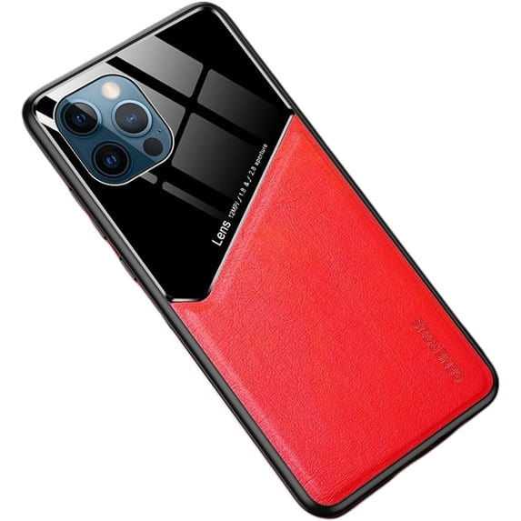 Luxury Business Slim Phone Case PU+TPU Car Magnetic Shockproof Back Cover Tempered Glass Lens Protection for iPhone 11 14 Pro Max 13 12 Mini 6s 8 7 Plus SE XS XR(Red,iPhone 12 Pro Max)