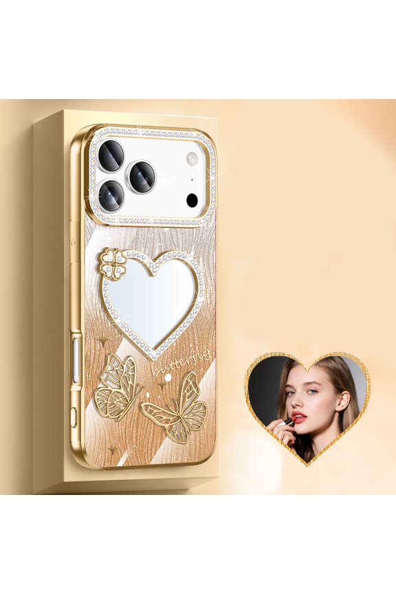 Luxury Butterfly Case For iPhone 12 Pro Max, Bling Rhinestone Diamond with Heart Shaped Mirror, Slim Fit Protective Shockproof Plating Shiny Sparkle Phone Cover for Women Lady,Gold