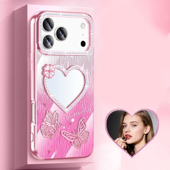 Luxury Butterfly Case For iPhone 12 Pro Max, Bling Rhinestone Diamond with Heart Shaped Mirror, Slim Fit Protective Shockproof Plating Shiny Sparkle Phone Cover for Women Lady,Pink