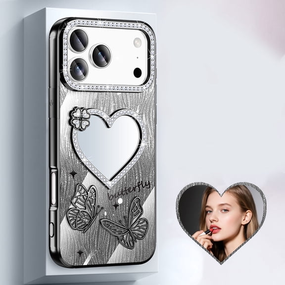 Luxury Butterfly Case For iPhone 16 Pro Max, Bling Rhinestone Diamond with Heart Shaped Mirror, Slim Fit Protective Shockproof Plating Shiny Sparkle Phone Cover for Women Lady,Black
