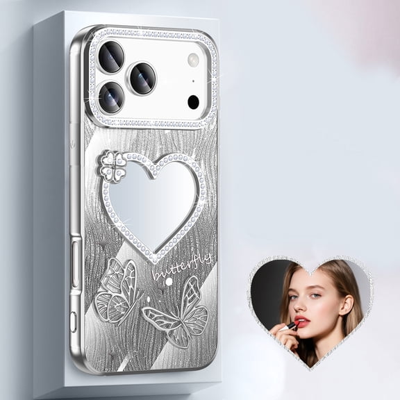 Luxury Butterfly Case For iPhone 16 Pro Max, Bling Rhinestone Diamond with Heart Shaped Mirror, Slim Fit Protective Shockproof Plating Shiny Sparkle Phone Cover for Women Lady,Silver