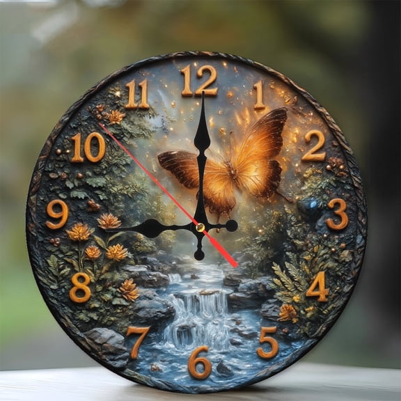 Luxury Butterfly Waterfall Clock Wall Decor 10-Inch Silent Wooden Wall Clock, Battery Operated (AA Batteries Not Included), Artistic Home Decor