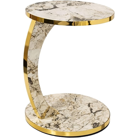 Luxury C Shaped Effect Side Table, Premium Faux Marble Round End Table with Gold Trim Edge, Elegant Slide Under Couch, Sofa for Living Room Small Spaces