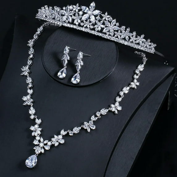 Luxury CZ Bridal Wedding Necklace Earrings Crown Tiara Jewelry Set for Brides