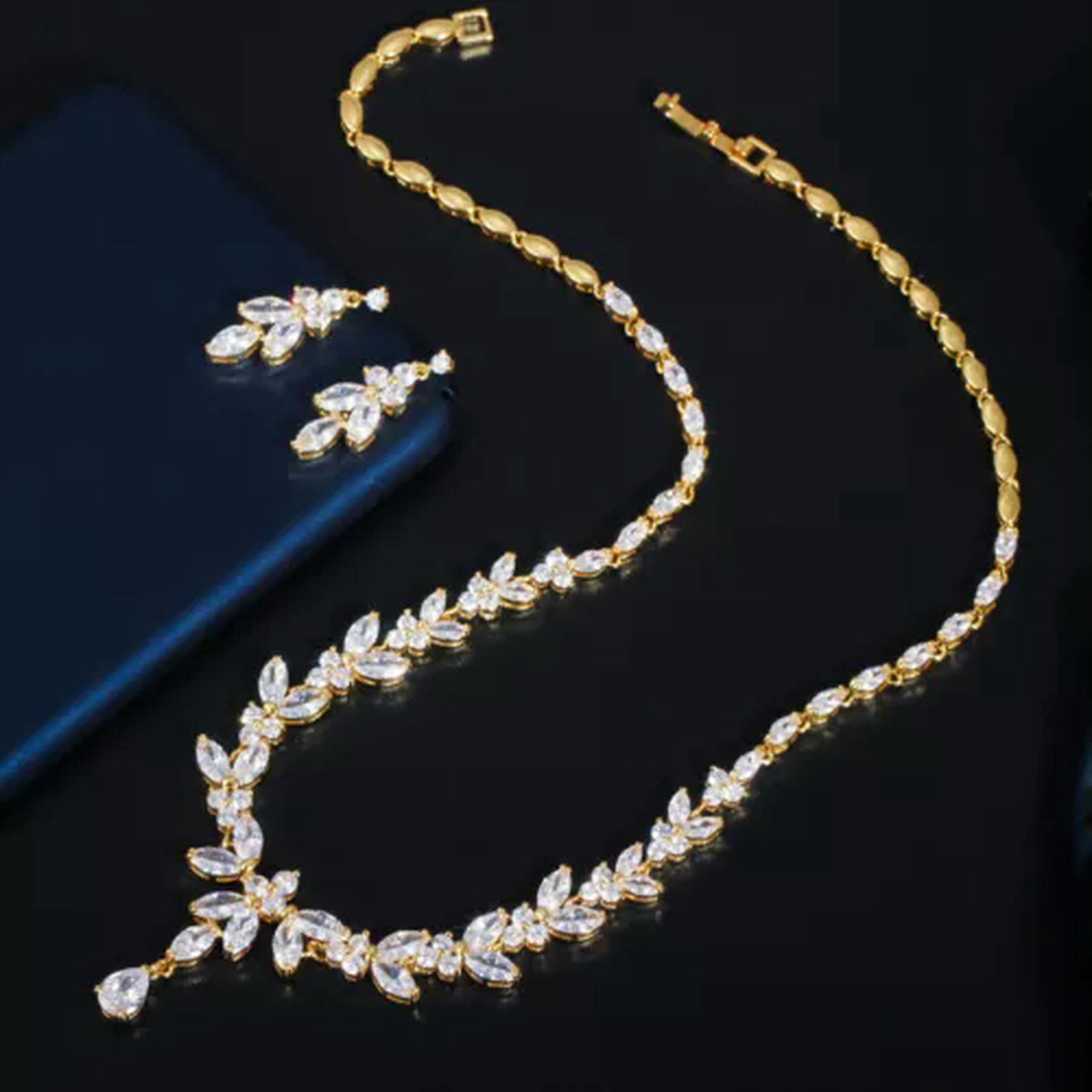 Luxury CZ Costume Necklace Earrings Set for Wedding Brides Gold