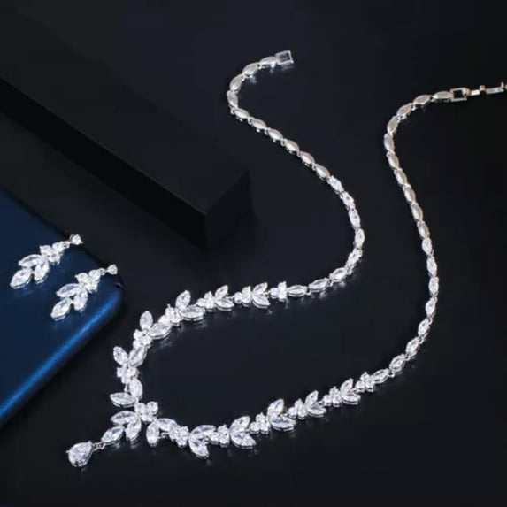 Luxury CZ Costume Necklace Earrings Set for Wedding Brides Gold Plated Jewelry