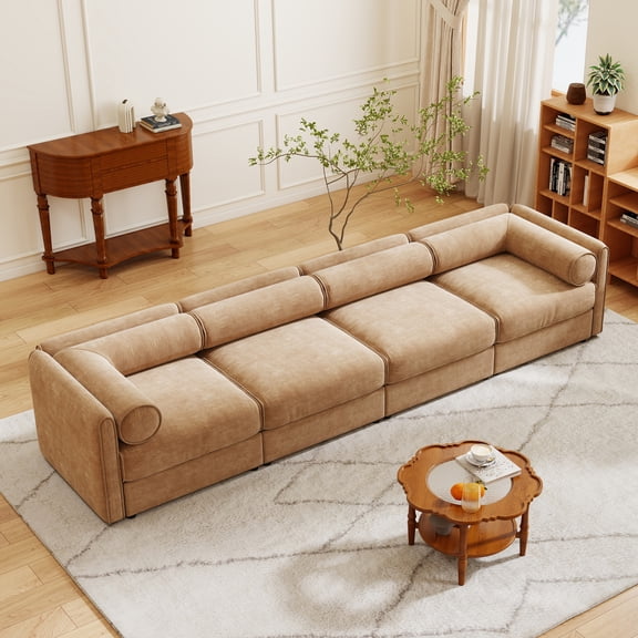 Luxury Camel Chenille 4-Seat Modular Sectional Sofa with Built-in Storage, Ergonomic Cylindrical Back & Armrests for Cozy Living Room Comfort & Easy Assembly